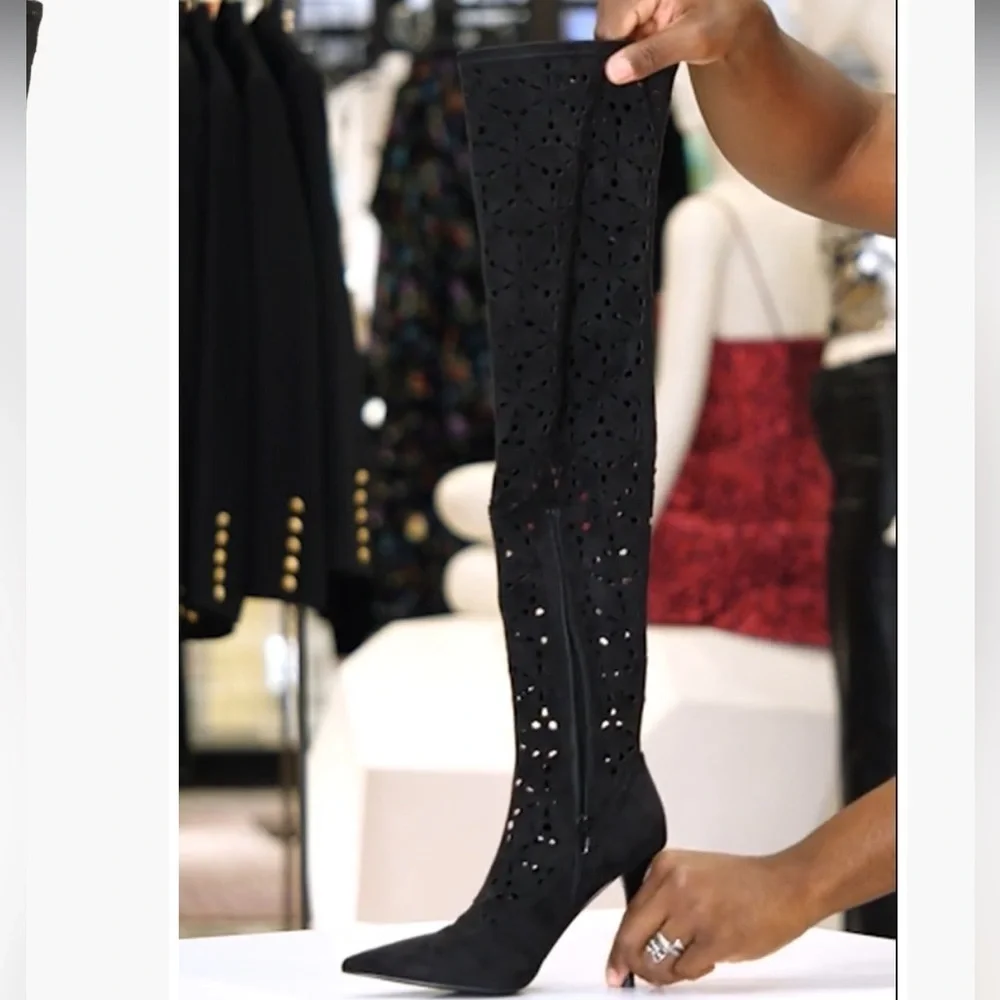 Jeffrey Campbell Black Suede Perforated Tall Boots Stiletto Heel 6.5